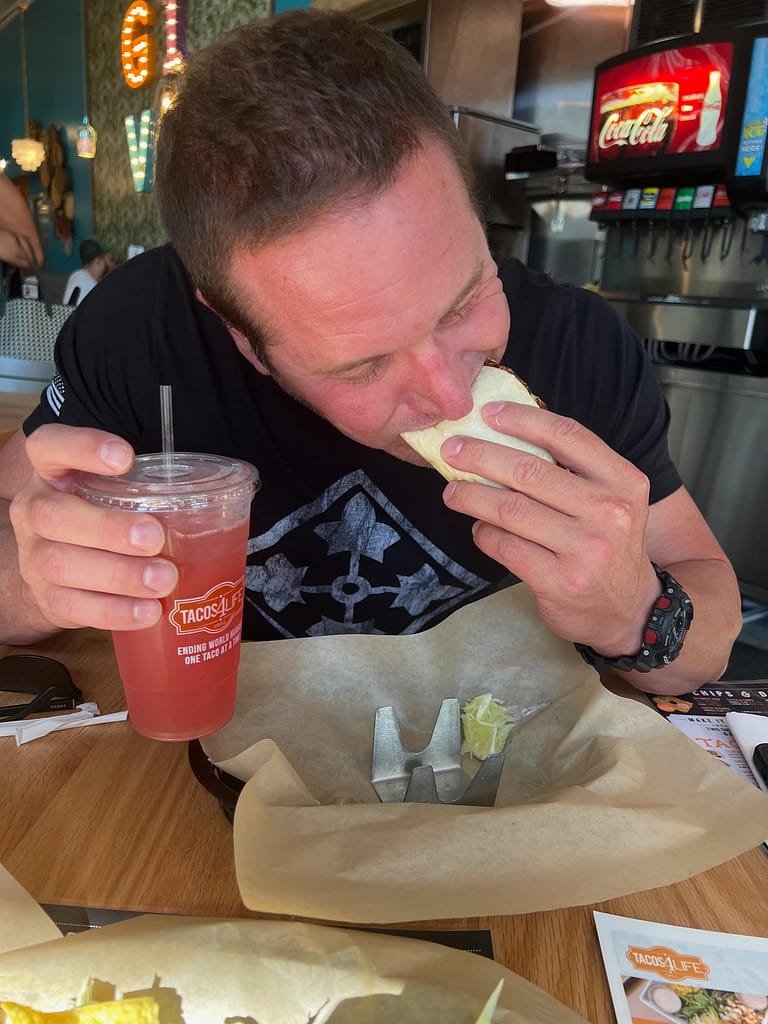 Caught Steve in the act with a crab cake taco and some "Paradise Punch"