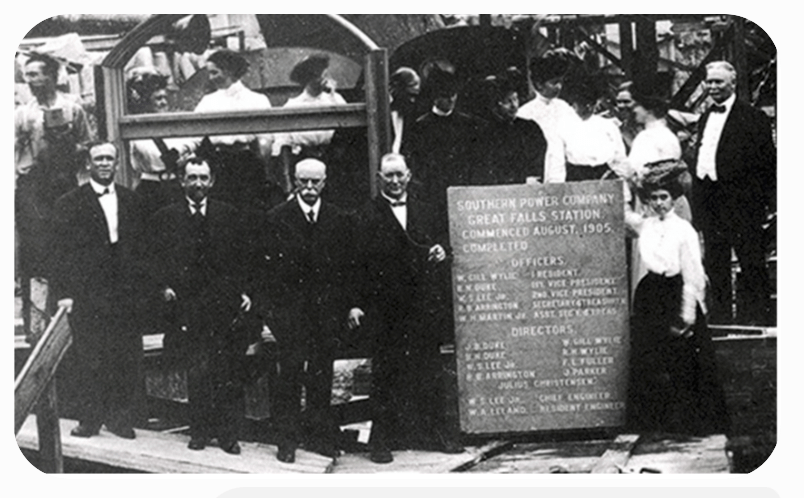 Dedication of the dam at Great Falls, S.C., in 1906. Front row, from left, W.S. Lee, Benjamin Duke, Dr. Gill Wylie, James B. Duke and Mary Lillian Duke.